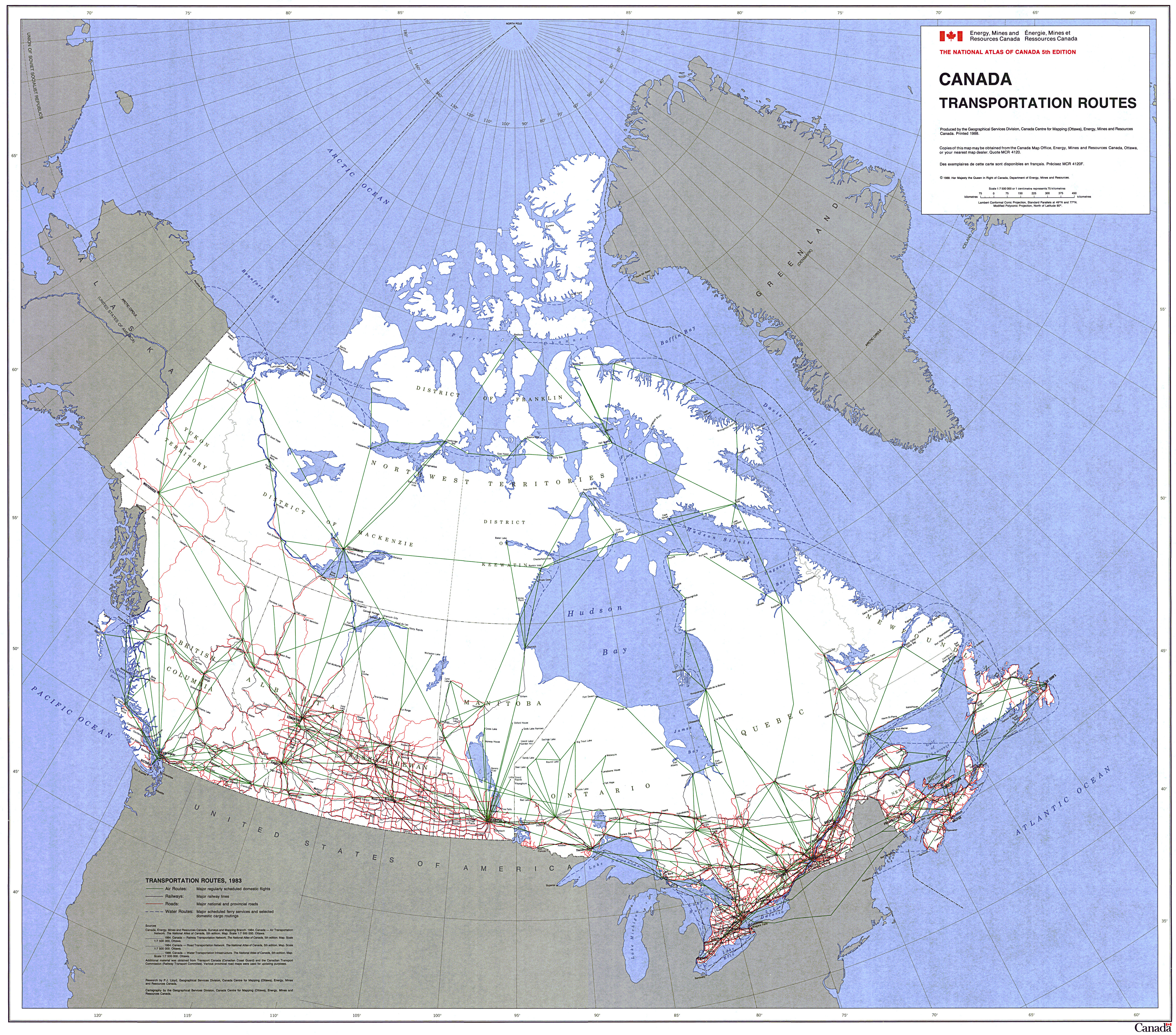 large scale detailed transportation routes map of canada