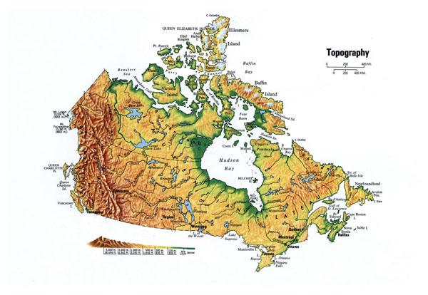 Large topographical map of Canada. Canada large topographical map.
