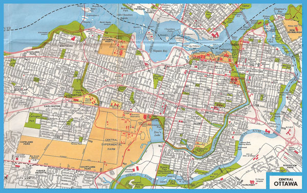 Large road map of central part of Ottawa with street names.