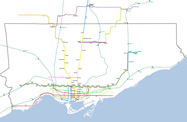 Detailed subway map of Toronto.