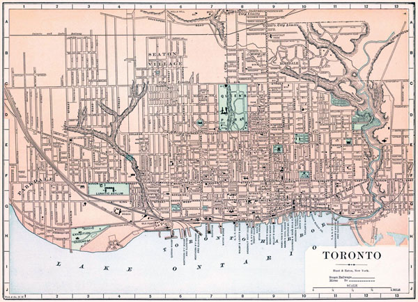 Large detailed old road map of Toronto city - 1893.