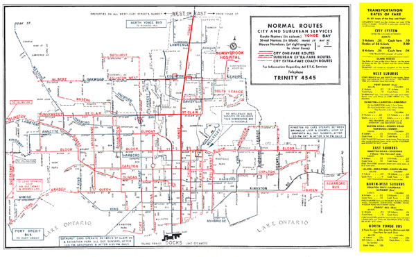 Toronto city large detailed old transit system map - 1952.