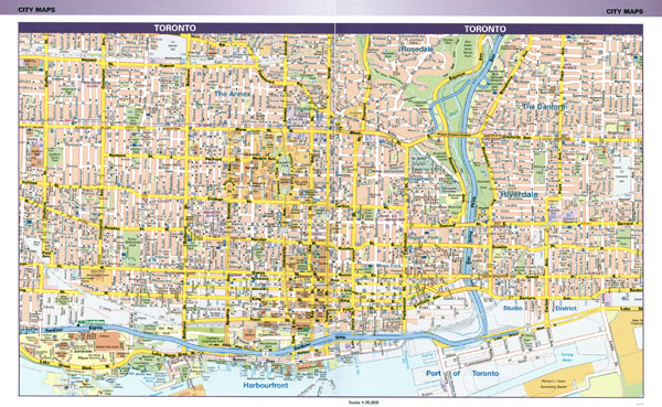 Large detailed road map of central part of Toronto city.