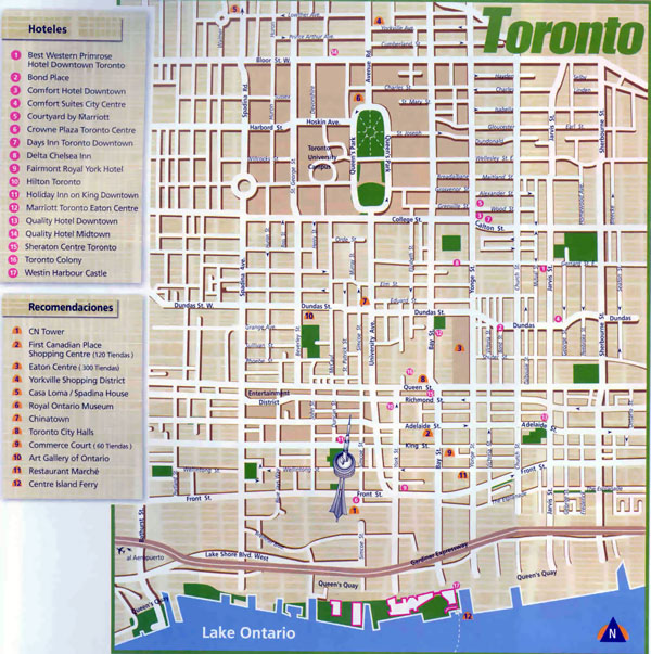 Large detailed tourist map of central part of Toronto city.