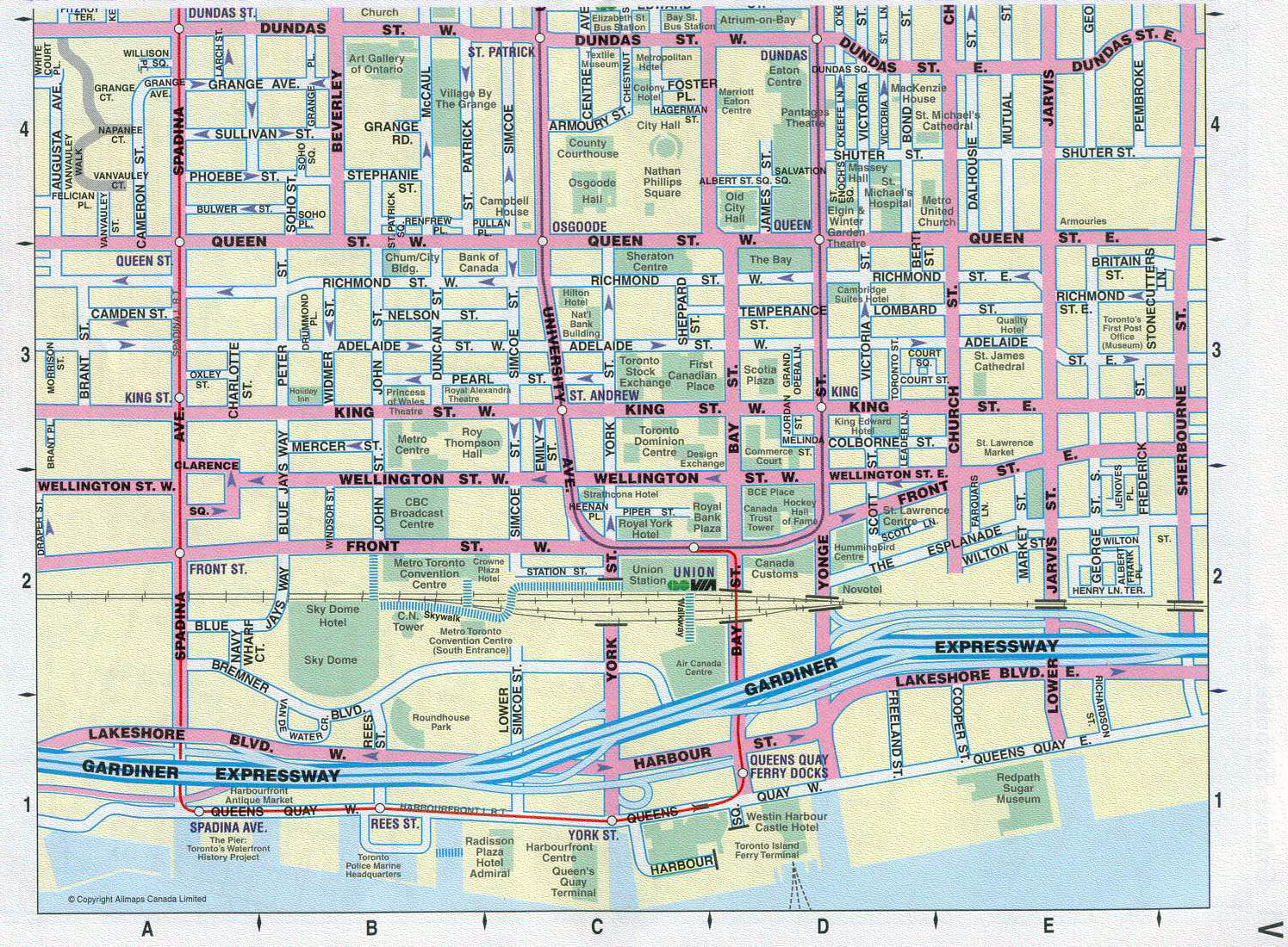 Large detailed tourist map of downtown of Toronto city | Vidiani.com