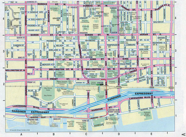 Large detailed tourist map of downtown of Toronto city.