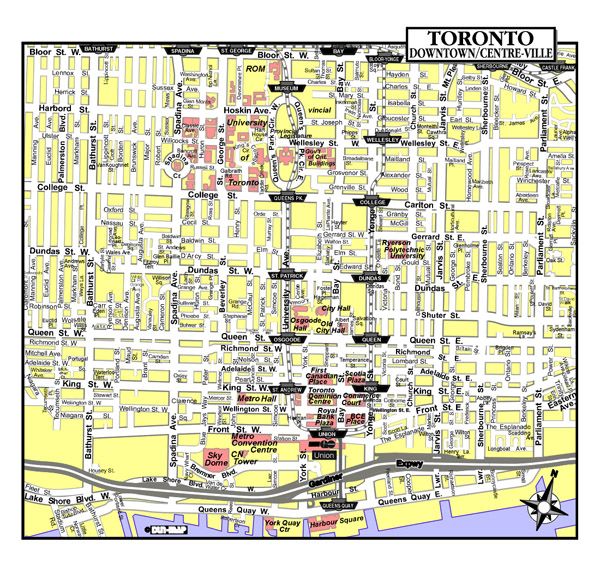 Large detailed tourist map of Toronto city downtown.