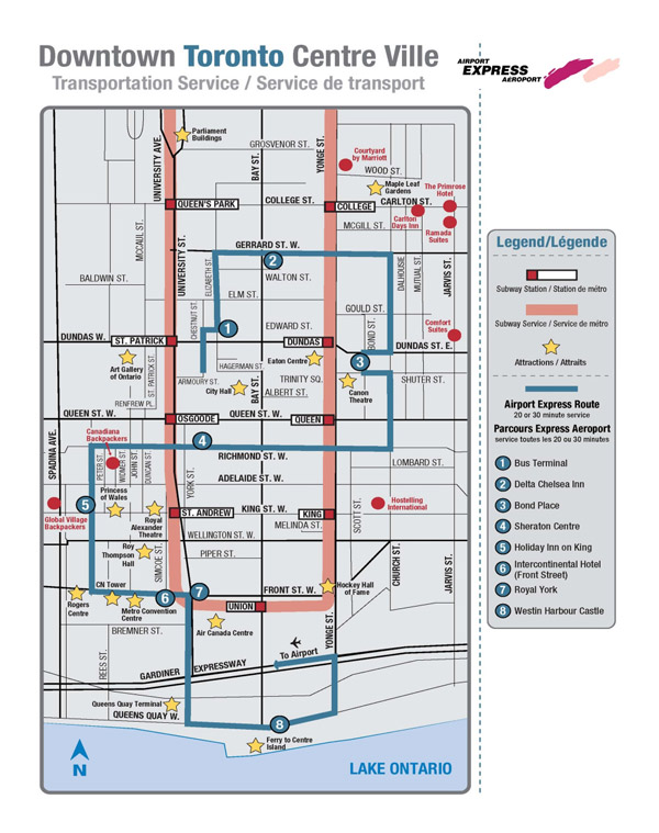 Large detailed transportation service map of downtown of Toronto.