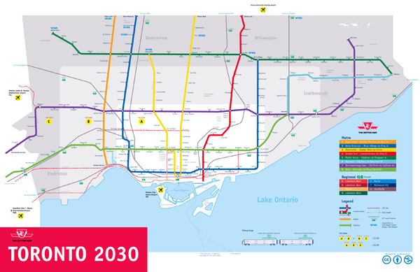 Large subway map of Toronto city - 2030.