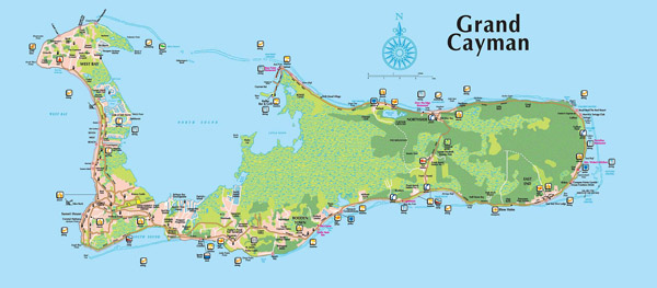 Detailed tourist and road map of Grand Cayman Island.