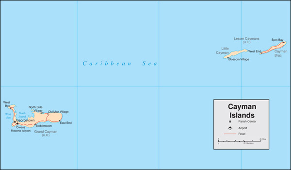 Large detailed political map of Cayman Islands with cities and airports.