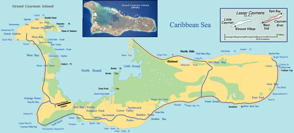 Large detailed road and topographical map of Grand Cayman Island.