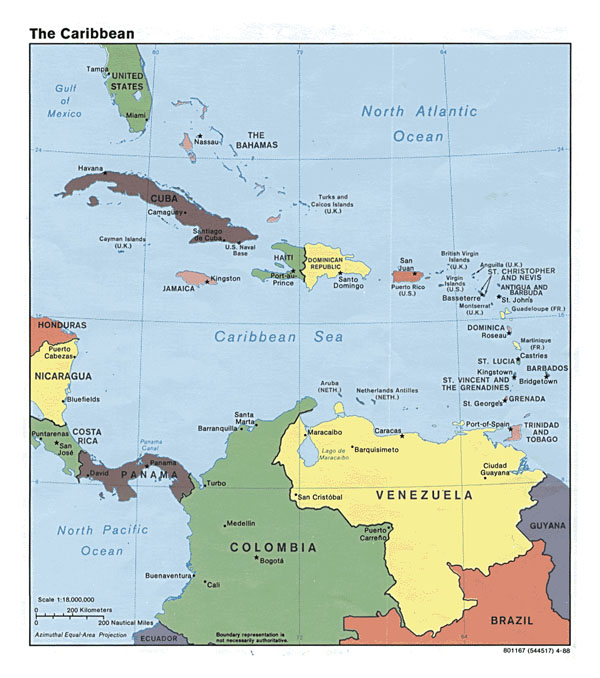 Detailed political map of the Caribbean - 1988.