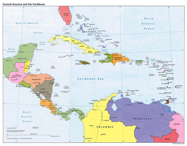 Large detailed political map of Central America and the Caribbean with major cities and capitals - 1995.