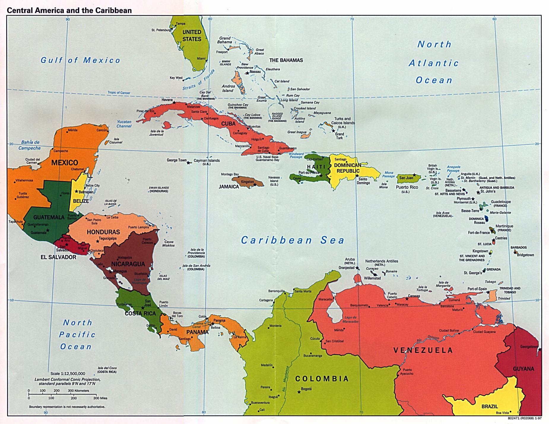 Large detailed political map of Central America and the Caribbean with