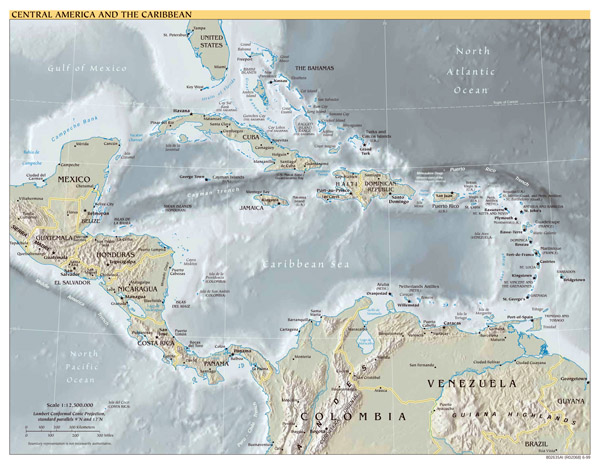 Large detailed political map of Central America and the Caribbean with relief - 1999.