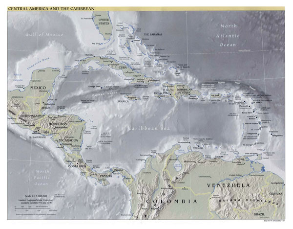 Large detailed political map of Central America and the Caribbean with relief - 2001.