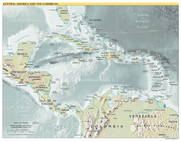 Large detailed political map of Central America and the Caribbean with relief, major cities and capitals - 2001.