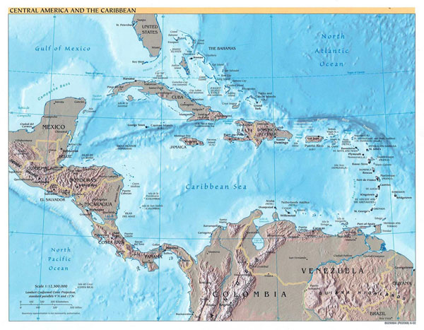 Large detailed political map of Central America and the Caribbean with relief, major cities and capitals - 2002.