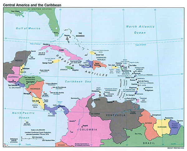 Large political map of Central America and the Caribbean - 1993.