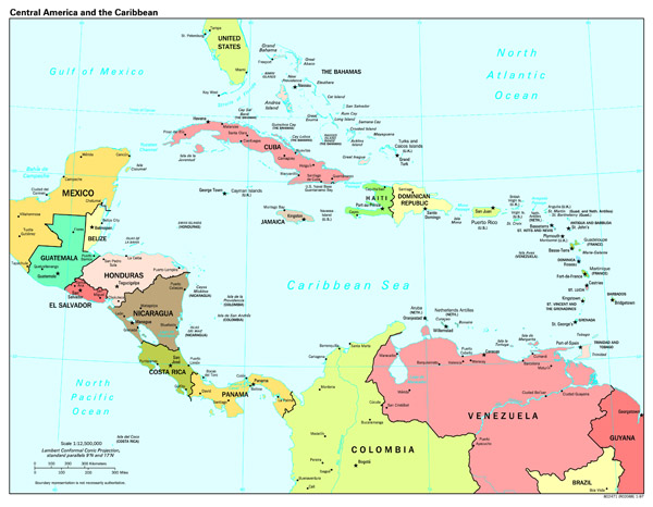 Large scale political map of Central America and the Caribbean with capitals - 1997.