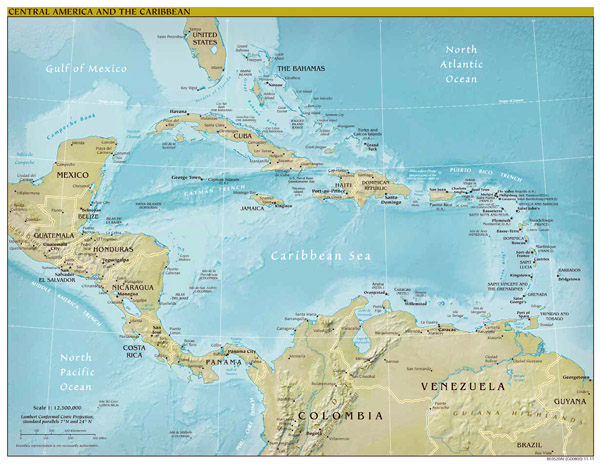 Large scale political map of Central America and the Caribbean with relief - 2012.