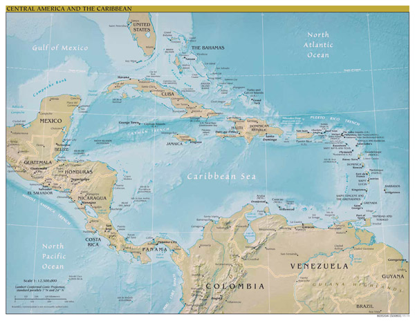 Large scale political map of Central America and the Caribbean with relief and capitals - 2011.