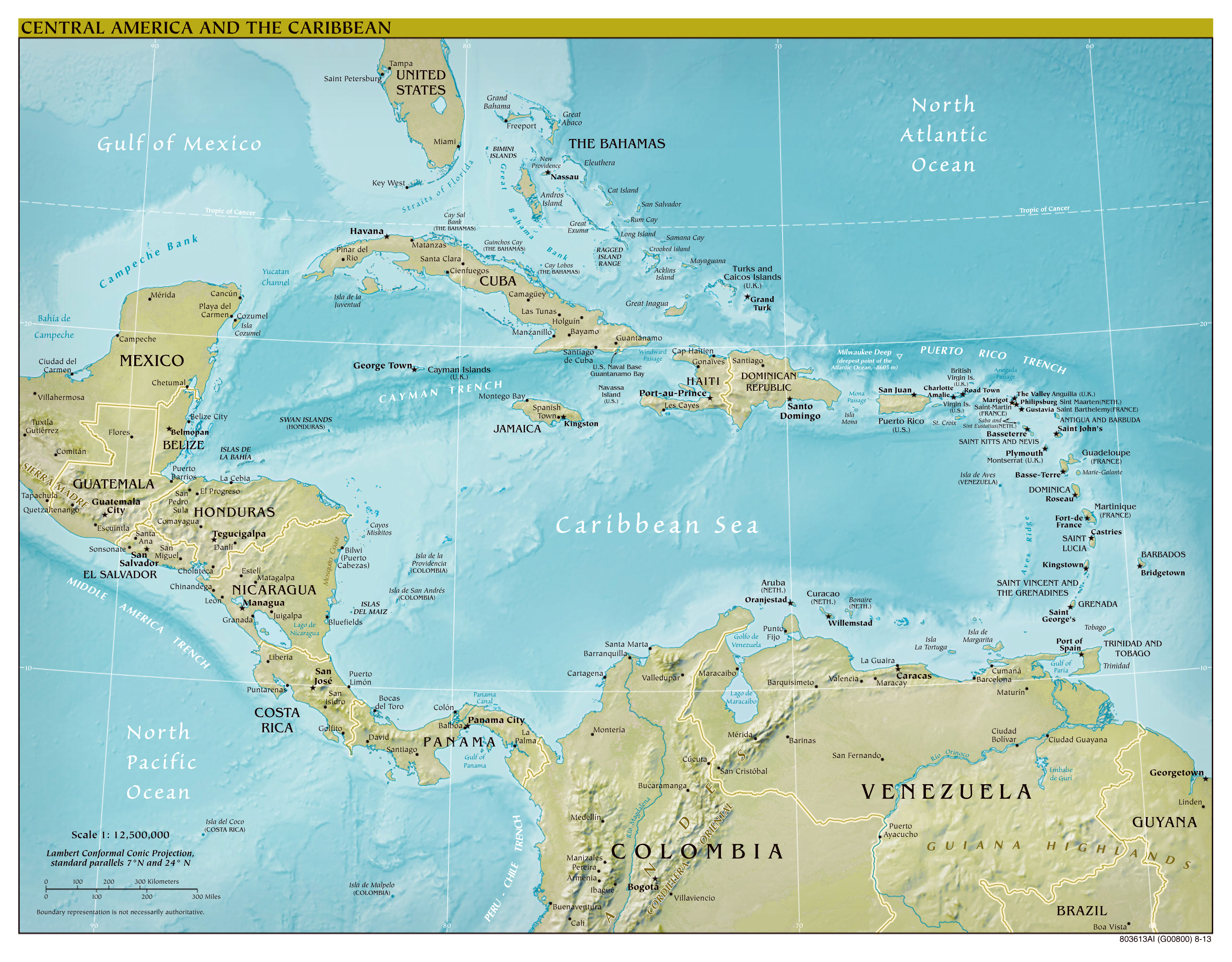Large Scale Political Map Of Central America And The Caribbean With Relief Capitals And Major Cities 2013 Vidiani Com Maps Of All Countries In One Place