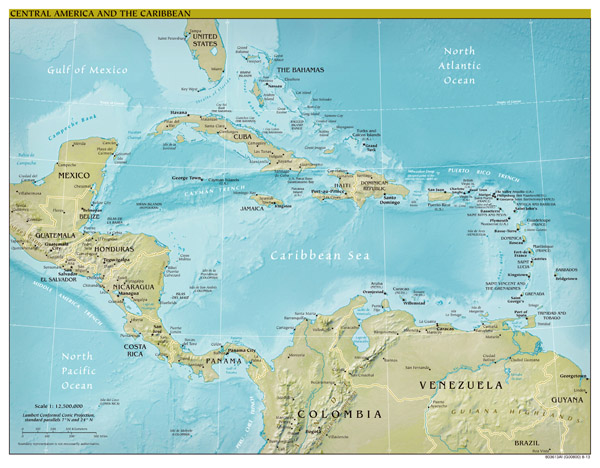 Large scale political map of Central America and the Caribbean with relief, capitals and major cities - 2013.