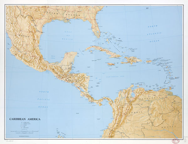 Large scale political map of the Caribbean America with relief - 1986.