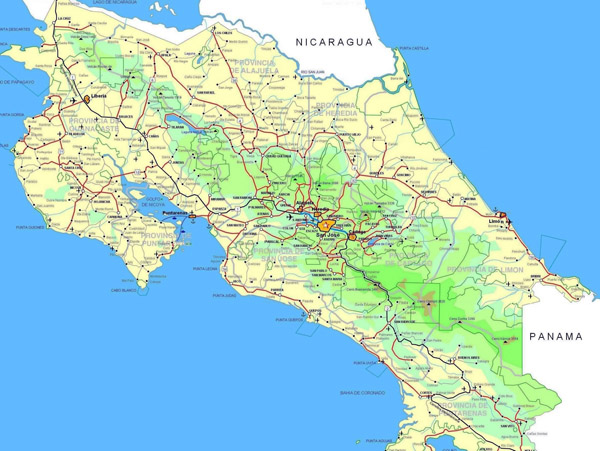 Big road map of Costa Rica with cities and airports.