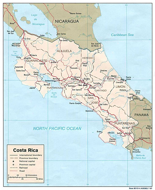 Detailed administrative and political map of Costa Rica.