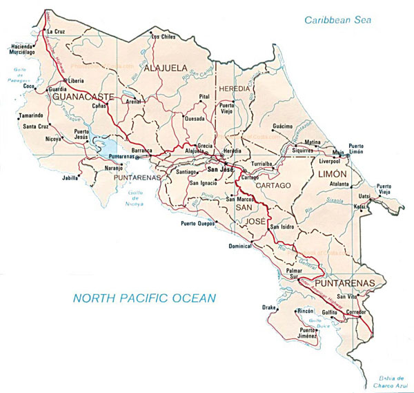 Detailed administrative and road map of Costa Rica.