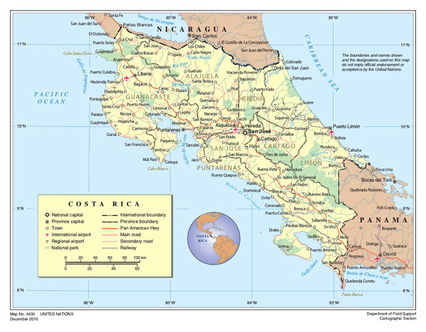 Detailed political and administrative map of Costa Rica with roads, cities and airports.
