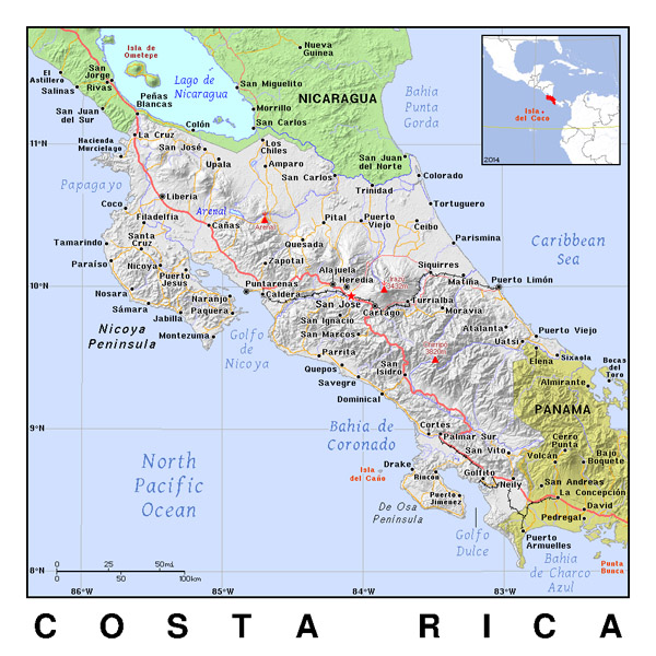Detailed political map of Costa Rica with relief.