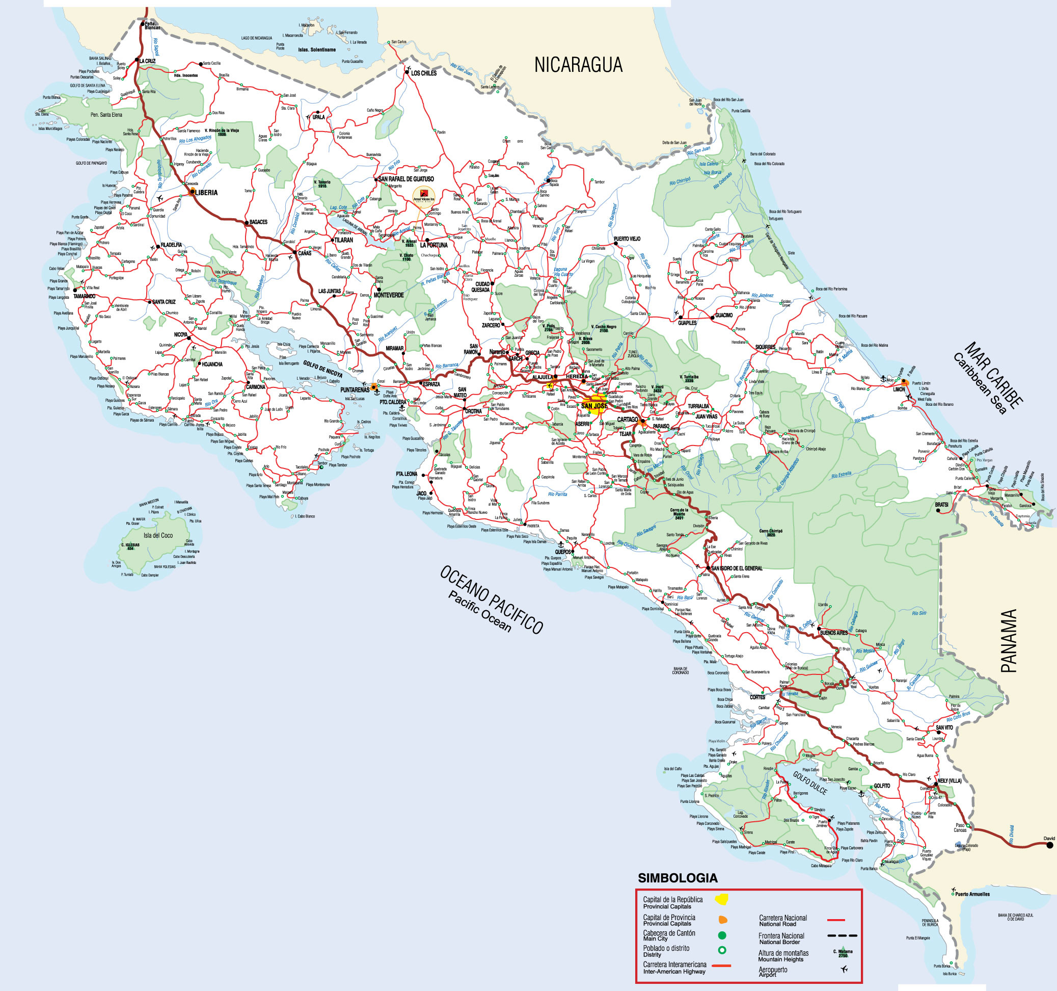 Detailed road map of Costa Rica. Costa Rica detailed road map Vidiani