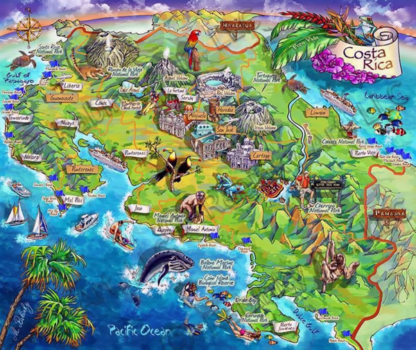 Detailed tourist illustrated map of Costa Rica.