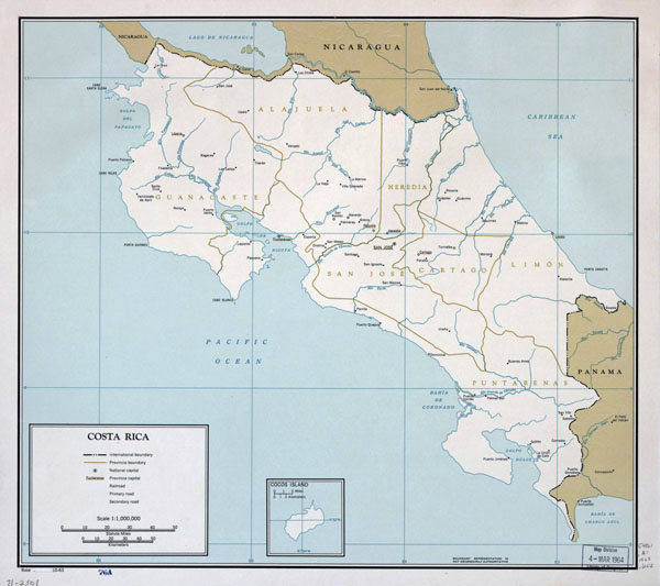 Large detailed political and administrative map of Costa Rica with major cities - 1963.