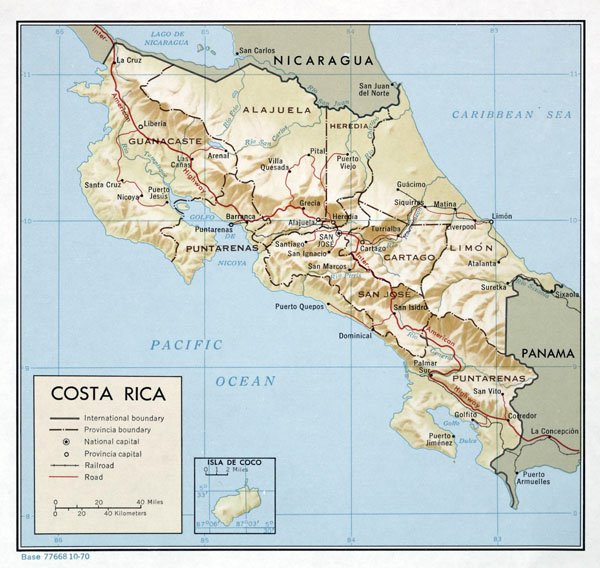 Large detailed political and administrative map of Costa Rica with relief, roads and major cities - 1970.