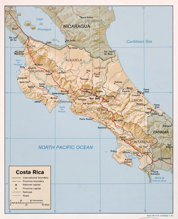 Large detailed political and administrative map of Costa Rica with relief, roads and major cities - 1987.