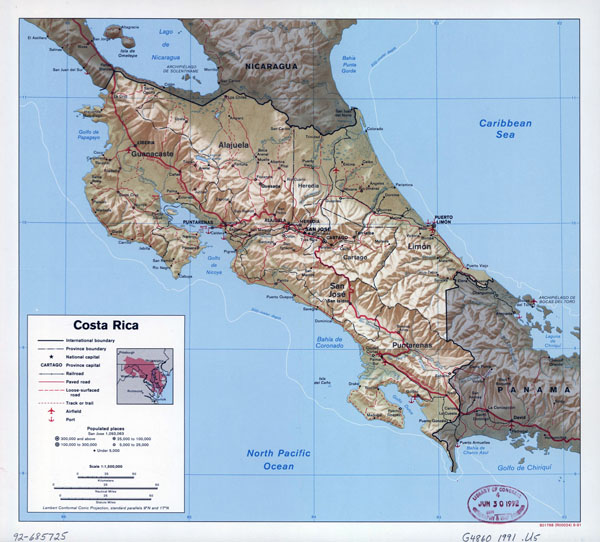 Large detailed political and administrative map of Costa Rica with relief, roads, major cities, airports and seaports - 1991.