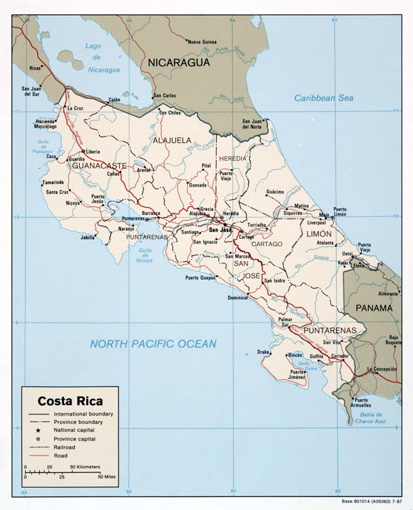 Costa Rica large detailed political and administrative map with roads and major cities - 1987.