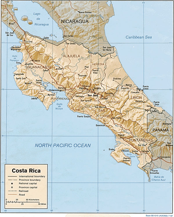 Large detailed political and relief map of Costa Rica.