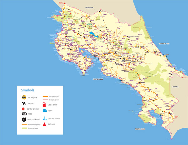 Large detailed road and highways map of Costa Rica.