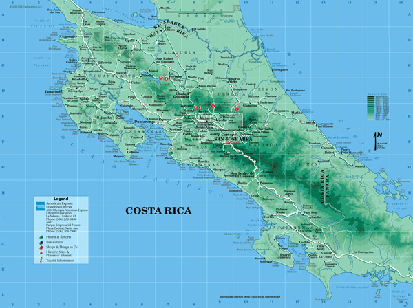 Large detailed road and physical map of Costa Rica.