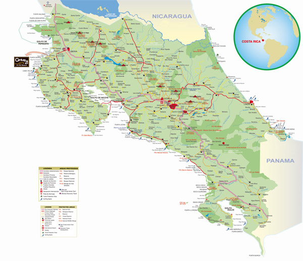 Large detailed road map of Costa Rica with cities.