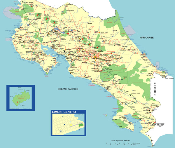 Large detailed road map of Costa Rica with gas stations.