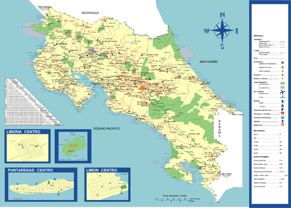 Large detailed tourist and road map of Costa Rica.