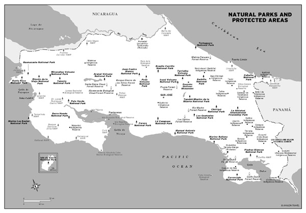 Large natural parks and protected areas map of Costa Rica.