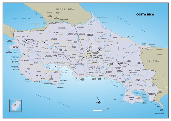 Large political and administrative map of Costa Rica with roads, major cities and airports.